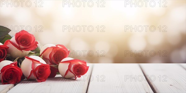 White and red roses on wooden board. KI generiert, generiert, AI generated