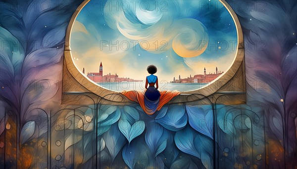 Artistic illustration of a woman in a vibrant, dreamlike setting overlooking a starlit city, AI generated