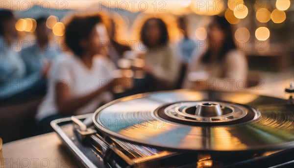 Friends enjoy drinks vinyl record playing together in cozy setting at sunset, bokeh effect ai generated, AI generated