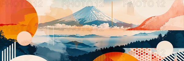 Modern graphic representation of Mount Fuji with sunrise and fog, Japan, AI generated, AI generated, Asia
