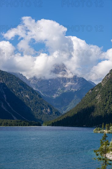 Plansee and Ammergau Alps, behind it the Thaneller, 2143m, Lechtal Alps, Tyrol, Austria, Europe