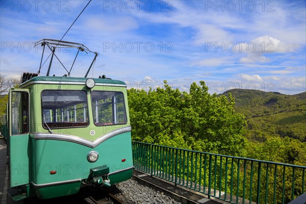 Drachenfelsbahn, Germany's oldest cog railway up the Drachenfels, a mountain in the Siebengebirge mountains above the Rhine between Koenigswinter and Bad Honnef, North Rhine-Westphalia, Germany, Europe