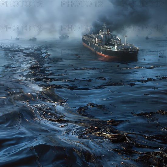 A gloomy picture of a tanker surrounded by oil in the foggy sea, oil spill, environmental disaster, AI generated
