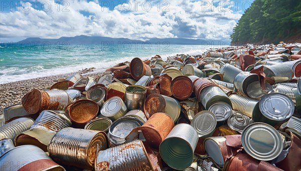 Symbol photo, many empty tin cans, partly crushed, rusty, dirty, lying on the beach, waste, AI generated, AI generated