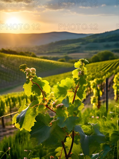 AI generated close up of a vineyard landscape interspersed with blooming wildflowers in spring