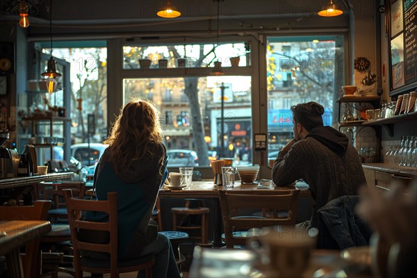 Cafe interior at evening with patrons and a view of the city through large windows, AI generated