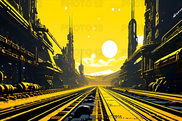 AI generated industrial futuristic landscape merging with ecopunk aesthetics in yellow colors