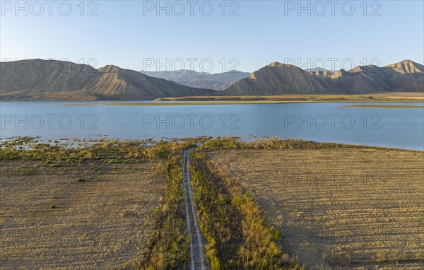 Dirt road leads between fields to the lake, Toktogul reservoir, aerial view, Toktogul, Kyrgyzstan, Asia