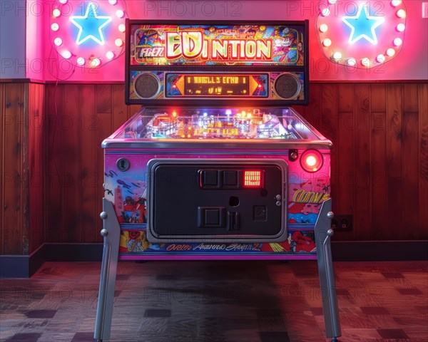 Realistic pinball machine with lit-up backgrounds in a dark arcade setting, AI Generated, AI generated
