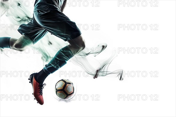 A soccer player dribbles and kicks a ball on a field double exposure style, AI generated