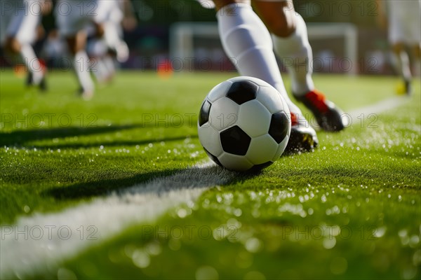 A soccer player kicks a ball on a football stadium field during game, AI generated