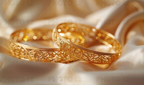 Pair of intricately designed gold bracelets arranged on a smooth satin material background AI generated