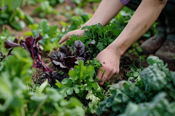 Hands harvesting salad in vegetable garden. KI generiert, generiert, AI generated