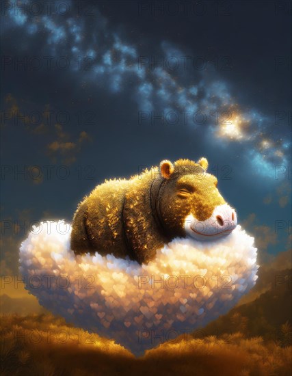 Charming depiction of a grinning capybara lounging on a soft cloud beneath a starry night sky, AI generated