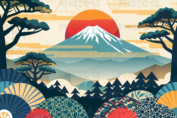 A peaceful image of the landscape with the sublime Mount Fuji in the distance, surrounded by geometric designs and abstract shapes influenced by Japanese cultural symbols, representing a balanced unity of nature and human art, Japan, AI generated, AI generated, Asia