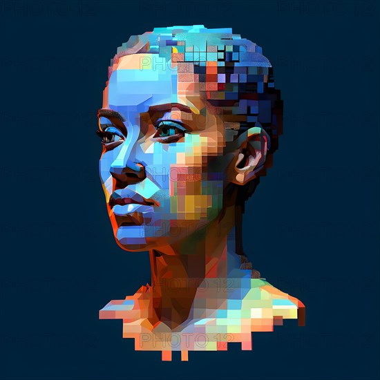 AI generated female human head digitalised in pixel art style presenting a mosaic of vibrant hues in neon glow