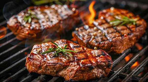 Delicious juicy beef steak is being grilled on a hot grill with flames and smoke surrounding it, AI generated