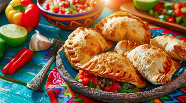 Tasty empanadas on a plate with colorful Mexican cloths as a background. National mexican food, AI generated