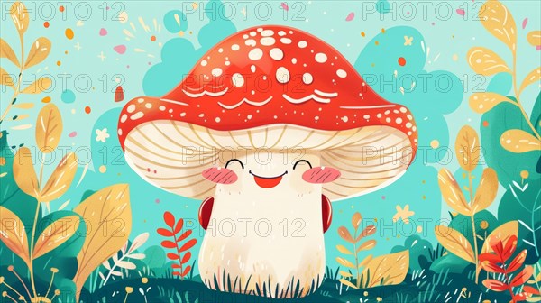 A whimsical, smiling mushroom illustration, surrounded by aqua-colored foliage with red dots, AI generated