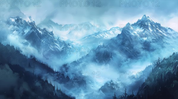 Imposing snowy mountains rise above clouds and mist with a serene forested wilderness below, AI generated