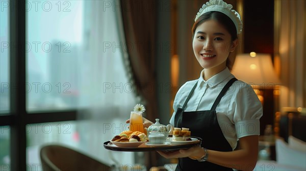 A smiling waitress in uniform holding a tray with food and drink in a luxurious setting, AI generated