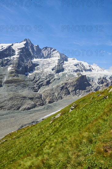 View from Franz Joseph Hoehe into the mountains (Grossglockner) with Pasterze on a sunny day at Hochalpenstrasse, Pinzgau, Salzburg, Austria, Europe