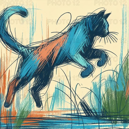 Dynamic sketch of a playful cat in motion with vibrant color splashes, AI generated