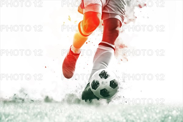 A soccer player kicks a ball on a field. Concept of action and excitement, as the player is in the midst of a game, AI generated
