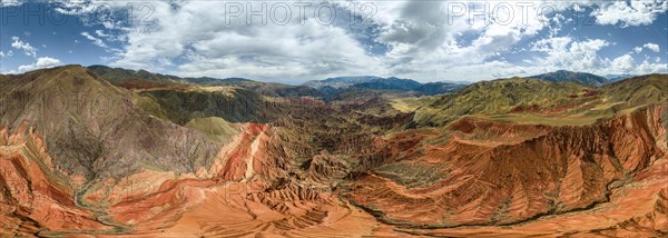 Panorama, gorge with eroded red sandstone rocks, Konorchek Canyon, Boom Gorge, aerial view, Kyrgyzstan, Asia