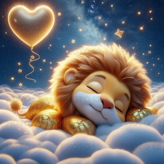 A content lion cub in an astronaut outfit with a heart-shaped balloon among soft clouds, AI generated