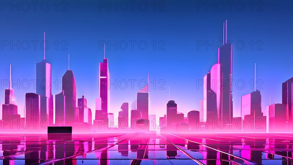 AI generated illustration of a cityscape with skyscrapers and holographic elements in blue and pink colors