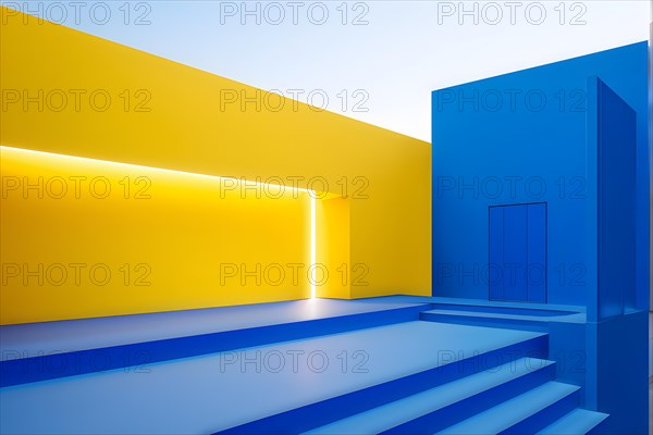 AI generated minimalist architectural shot of yellow and blue walls intersecting around a modern stairway