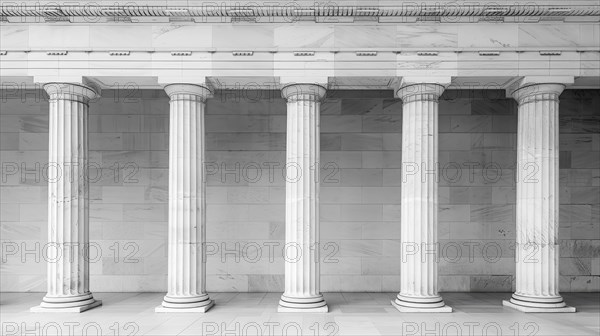 Greyscale image of a row of classical columns in a symmetrical arrangement, AI generated