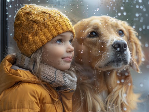 Bad weather, child looks sadly outside through a rainy window pane, AI generated