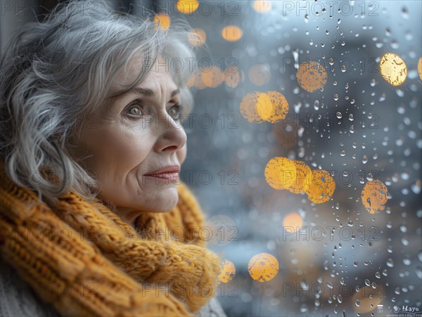 Bad weather, a woman looks sadly outside through a rainy window pane, AI generated