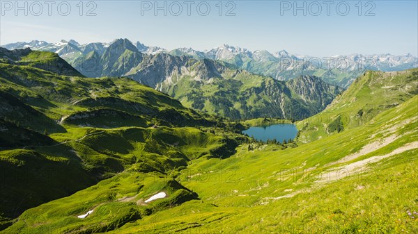 Panorama from Zeigersattel to Seealpsee, on the left behind the Hoefats 2259m, Allgaeu Alps, Allgaeu, Bavaria, Germany, Europe