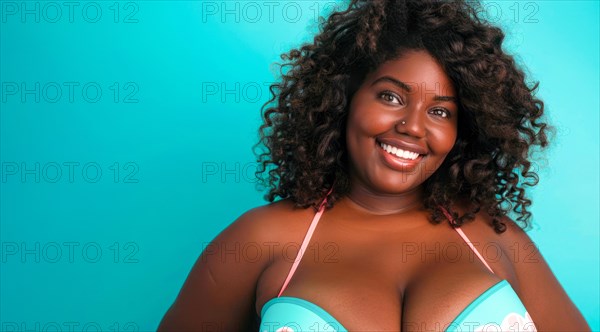 A plus size black afro-american bikini model with curly hair is smiling and wearing a bikini top. Concept of confidence and happiness, AI generated