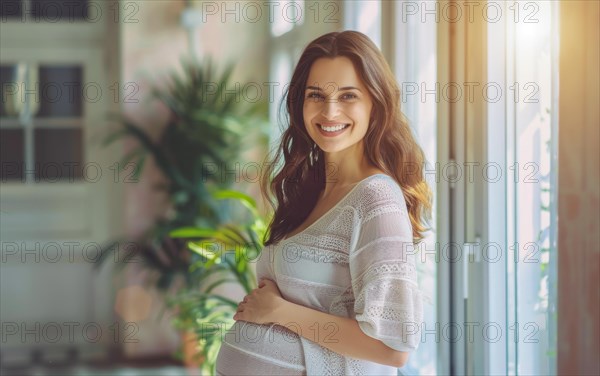 Happy pregnant woman smiling. A concept of motherhood and future family, AI generated