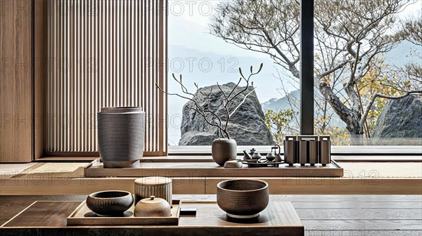 A modern reinterpretation of the classic Japanese tea ceremony and a minimalist interior that gives the traditional rituals of hospitality and grace a contemporary twist, tea service, Japan, AI generated, AI generated, Asia