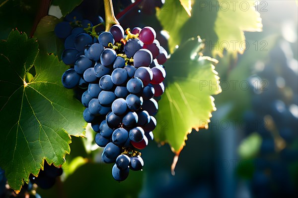 AI generated ripe grapes clinging to a vine sunlight dancing through the leaves accentuating their rich hues