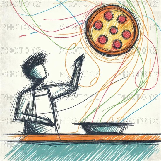 A sketch of someone cooking pizza, surrounded by colorful aroma swirls, AI generated