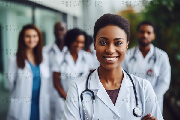 Young black african american female doctor with medical staff in background. KI generiert, generiert, AI generated
