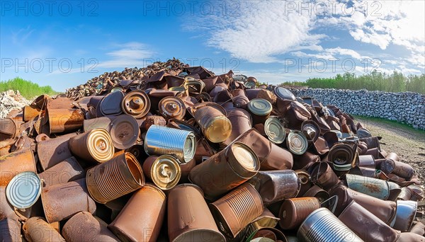 Symbol photo, rubbish, waste, many empty rusty cans in a pile, AI generated, AI generated