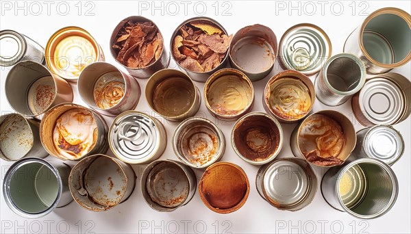 Symbol photo, many empty tin cans, partly crushed, rusty, dirty, on a white background, AI generated, AI generated