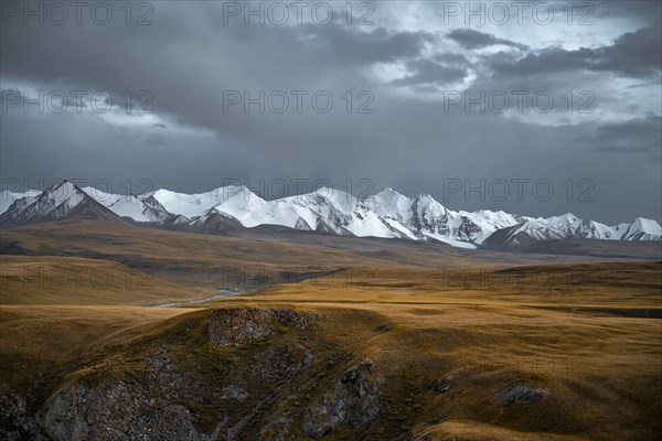 Glaciated and snow-capped mountains, dramatic landscape, autumnal mountain landscape with yellow grass, Tian Shan, Sky Mountains, Sary Jaz Valley, Kyrgyzstan, Asia