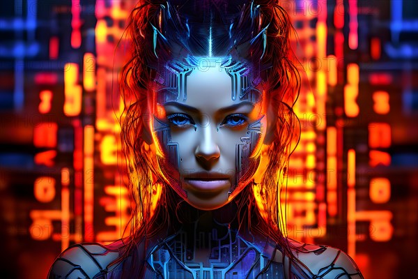 AI generated cybernetic female figure composed of fluid computer code symbolizing artificial intelligence