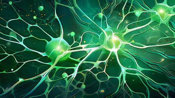 Ai generated conceptual illustration of a neuronal network with interconnected nodes pulsating in green tones, AI generated