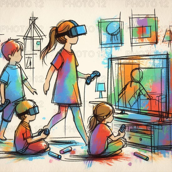 Children engaging with virtual reality and gaming technology in a colorful, modern setting, AI generated