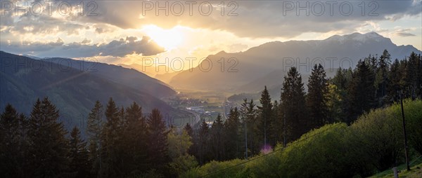 Sunset over the Liesingtal, in the evening light the village Kraubath, Schoberpass federal road, panoramic view, view from the lowlands, Leoben, Styria, Austria, Europe