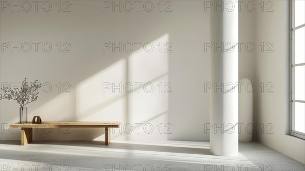 Sunlit modern interior featuring a simple bench, plant, and white column, with strong shadow play, AI generated